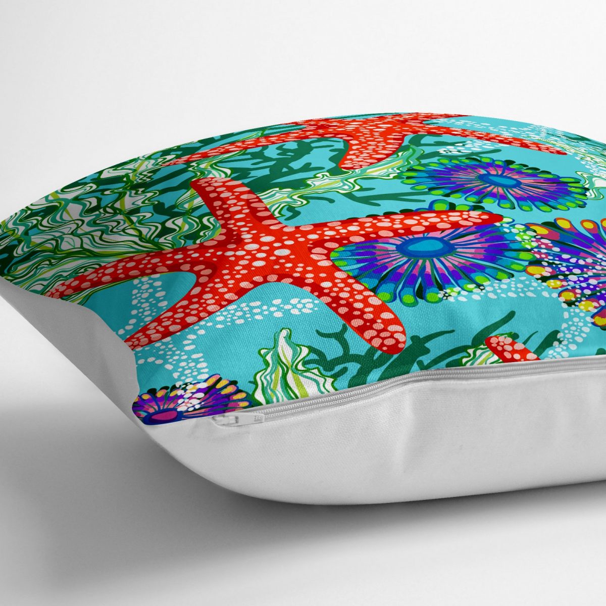 Turkuaz Zeminli Deniz Yıldızı Tasarımlı Dijital Baskılı Dekoratif Yer Minderi - 70 x 70 cm Realhomes