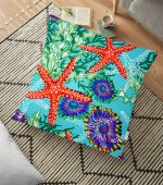 - yerminderi-YER-3457 - Realhomes Turkuaz Zeminli Deniz Yıldızı Tasarımlı Dijital Baskılı Dekoratif Yer Minderi - 70 x 70 cm Realhomes