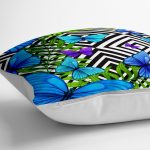 - yerminderi-YER-3461-1 - Realhomes  Geometrik Zeminli Mavi Kelebek Baskılı Yer Minderi - 70 x 70 cm Realhomes