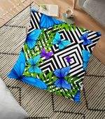 - yerminderi-YER-3461 - Realhomes  Geometrik Zeminli Mavi Kelebek Baskılı Yer Minderi - 70 x 70 cm Realhomes