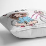 - yerminderi-YER-3465-1 - Realhomes Lets Go Travel Bisikletli Kız Tasarımlı Dekoratif Yer Minderi - 70 x 70 cm Realhomes