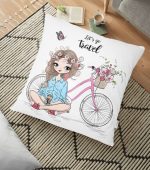- yerminderi-YER-3465 - Realhomes Lets Go Travel Bisikletli Kız Tasarımlı Dekoratif Yer Minderi - 70 x 70 cm Realhomes