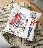 - yerminderi-YER-3473 - Realhomes  Amsterdam Fashion Girl Tasarımlı Dijital Baskılı Dekoratif Yer Minderi - 70 x 70 cm Realhomes