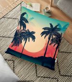 - yerminderi-YER-3480 - Realhomes  Summer Palmiye Gün Batımı Tasarımlı Dijital Baskılı Dekoratif Yer Minderi - 70 x 70 cm Realhomes