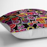 - yerminderi-YER-3489-1 - Realhomes  Siyah Zeminde Popart Love Tasarımlı Dijital Baskılı Dekoratif Yer Minderi - 70 x 70 cm Realhomes