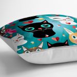 - yerminderi-YER-3491-1 - Realhomes  Turkuaz Zeminli Kedicikler Desenli Modern Tasarım Kedi & Hayvan Minderi - 70 x 70 cm Realhomes