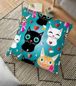 - yerminderi-YER-3491 - Realhomes  Turkuaz Zeminli Kedicikler Desenli Modern Tasarım Kedi & Hayvan Minderi - 70 x 70 cm Realhomes