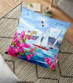 - yerminderi-YER-3499 - Realhomes  Suluboya Deniz ve Yelkenli Tasarımlı Dijital Baskılı Dekoratif Yer Minderi - 70 x 70 cm Realhomes