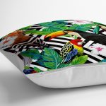 - yerminderi-YER-3502-1 - Realhomes  Geometrik Zeminli Amazon Papağan Tasarımlı Dijital Baskılı Yer Minderi - 70 x 70 cm Realhomes