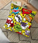 - yerminderi-YER-3504 - Realhomes  Sarı Zeminli Popart Tasarımlı Dijital Baskılı Dekoratif Yer Minderi - 70 x 70 cm Realhomes