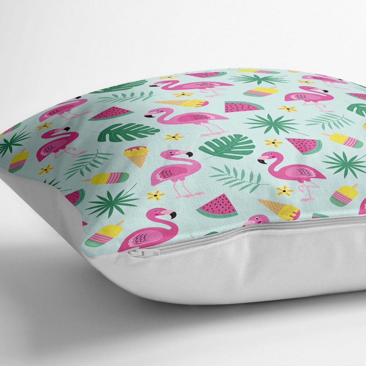 Fıstık Yeşil Zeminli Flamingo Desenli Dijital Baskılı Yer Minderi - 70 x 70 cm Realhomes