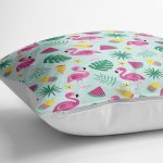 - yerminderi-YER-3517-1 - Realhomes  Fıstık Yeşil Zeminli Flamingo Desenli Dijital Baskılı Yer Minderi - 70 x 70 cm Realhomes