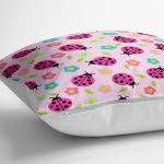 - yerminderi-YER-3523-1 - Realhomes  Pembe Zeminli Uğurböceği Tasarımlı Dijital Baskılı Dekoratif Yer Minderi - 70 x 70 cm Realhomes