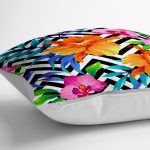 - yerminderi-YER-3532-1 - Realhomes Geometrik Zeminli Renkli Zambaklar Tasarımlı Dekoratif Yer Minderi - 70 x 70 cm Realhomes