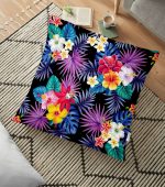 - yerminderi-YER-3536 - Realhomes Siyah Zeminli Suluboya Yapraklar Dekoratif Yer Minderi - 70 x 70 cm Realhomes