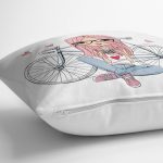 - yerminderi-YER-3542-1 - Realhomes  Beyaz Zeminde Bisikletli Kız Dijital Baskılı Dekoratif Yer Minderi - 70 x 70 cm Realhomes