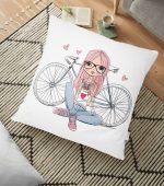 - yerminderi-YER-3542 - Realhomes  Beyaz Zeminde Bisikletli Kız Dijital Baskılı Dekoratif Yer Minderi - 70 x 70 cm Realhomes