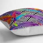 - yerminderi-YER-3543-1 - Realhomes  Geometrik Zeminli Renkli Yapraklar Tasarımlı Dijital Baskılı Yer Minderi - 70 x 70 cm Realhomes