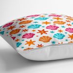 - yerminderi-YER-3545-1 - Realhomes  Beyaz Zeminde Yıldız ve Midye Desenli Dekoratif Yer Minderi - 70 x 70 cm Realhomes