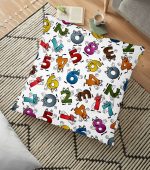 - yerminderi-YER-3562 - Realhomes  Beyaz Zeminde Renkli Harfler Tasarımlı Dekoratif Yer Minderi - 70 x 70 cm Realhomes