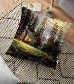 - yerminderi-YER-4 - Realhomes  Dağ Evi Manzaralı Dijital Baskılı Modern Yer Minderi - 70 x 70 cm Realhomes