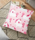 - yerminderi-YER-941 - Realhomes  Pembe Zeminli Unicorn Desenli Dekoratif Çocuk Odası Yer Minderi - 70 x 70 cm Realhomes