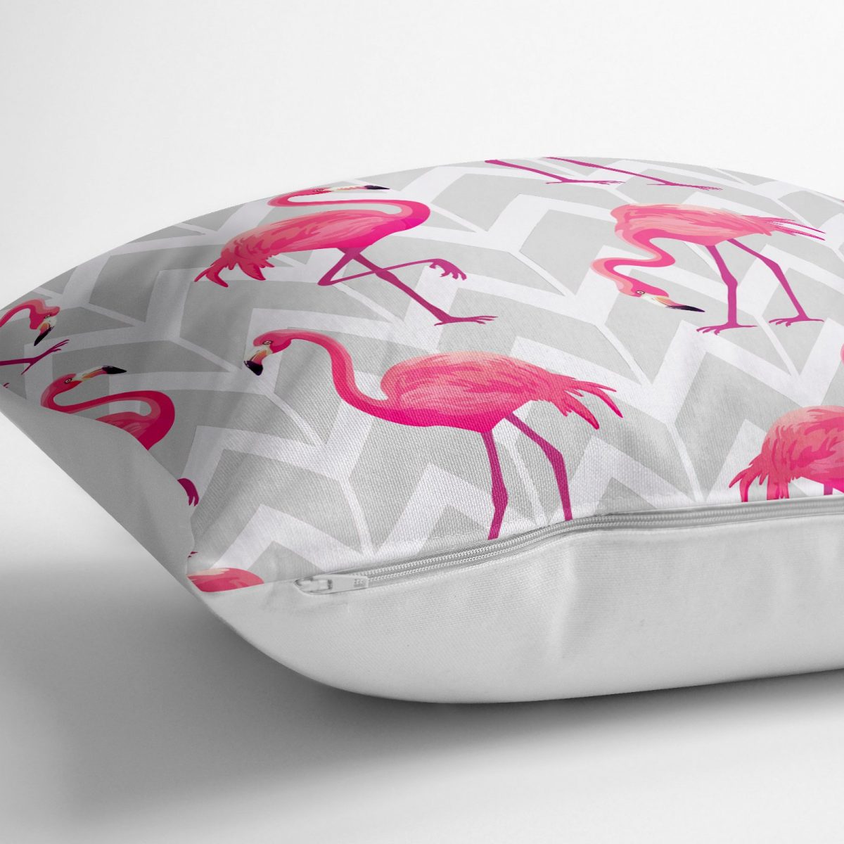 Gri Zeminde Flamingo Tasarımlı Özel Tasarımlı Dekoratif Salon Minderi - 70 x 70 cm Realhomes