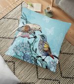 - yerminderi-YER-95 - Realhomes  Mavi Kuş Desenli Dijital Baskılı Dekoratif Yer Minderi - 70 x 70 cm Realhomes