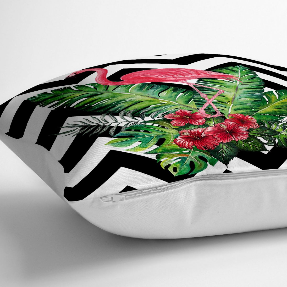 Siyah Beyaz Zigzag ve Flamingo Tasarımlı 3D Dekoratif Yer Minderi - 70 x 70 cm Realhomes