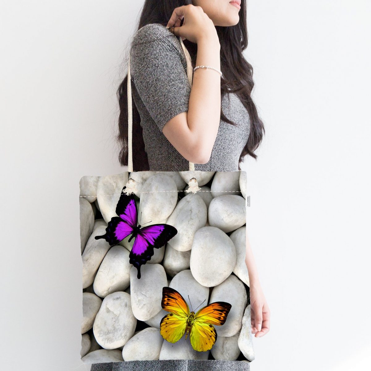 Kelebek Desenli Dijital Baskılı Fermuarlı Modern Kumaş Çanta Realhomes