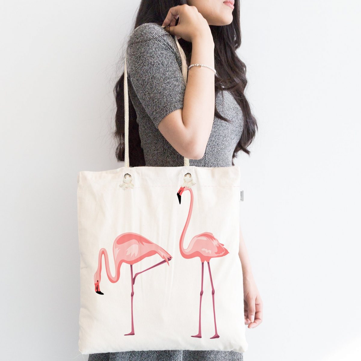 Pembe Flamingo Desenli Dijital Baskılı Fermuarlı Kumaş Çanta Realhomes