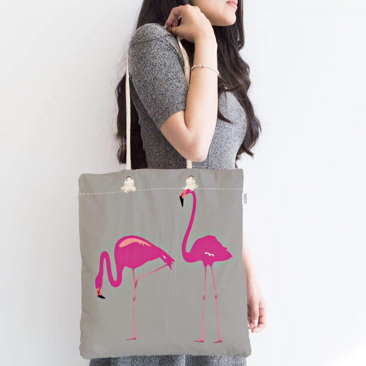 Gri Zemin Flamingo Desenli Dijital Fermuarlı Kumaş Çanta Realhomes