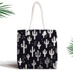 Siyah Beyaz Kaktüs Desenli Fermuarlı Modern Kumaş Çanta Realhomes