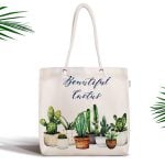 Altın Renk Kaktüs Baskılı Dijital Fermuarlı Kumaş Çanta Realhomes