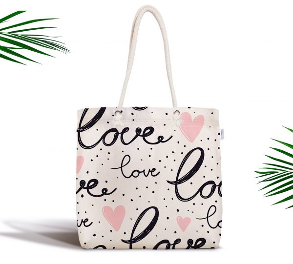 - kumas-canta-2082 - Realhomes  Love Baskılı Pembe Kalpli Fermuarlı Modern Kumaş Çanta Realhomes