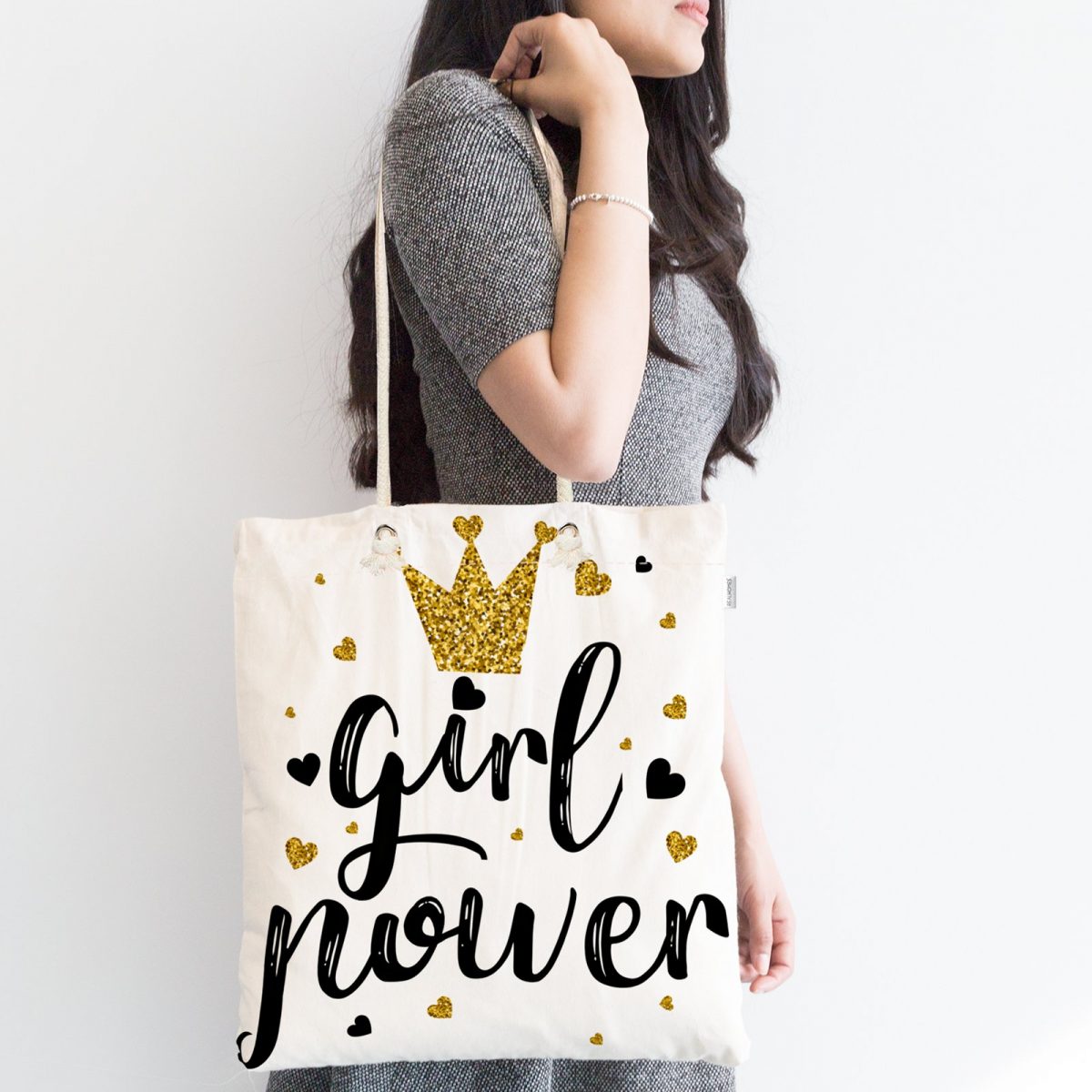 Girl Power Yazı Desenli Dijital Baskılı Fermuarlı Kumaş Çanta Realhomes