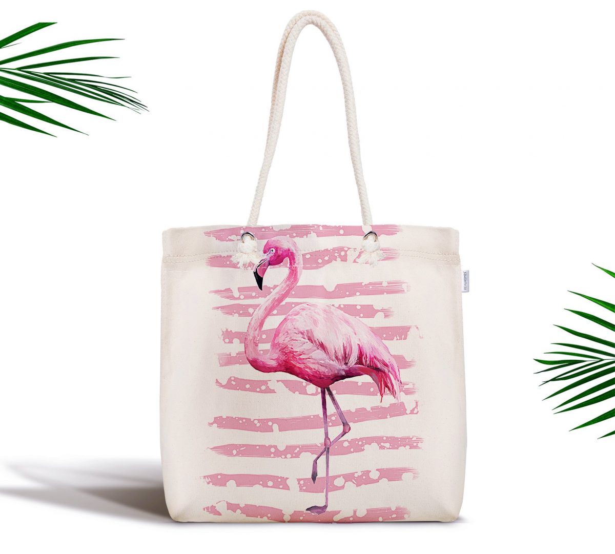Pudra Çizgi Desenli Flamingo BAskılı Fermuarlı Modern Kumaş Çanta Realhomes