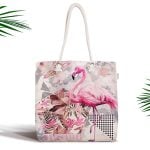 Pudra Çizgi Desenli Flamingo BAskılı Fermuarlı Modern Kumaş Çanta Realhomes