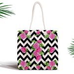 Siyah Beyaz Sütun Temalı Sümbül Motifli Fermuarlı Modern Kumaş Çanta Realhomes