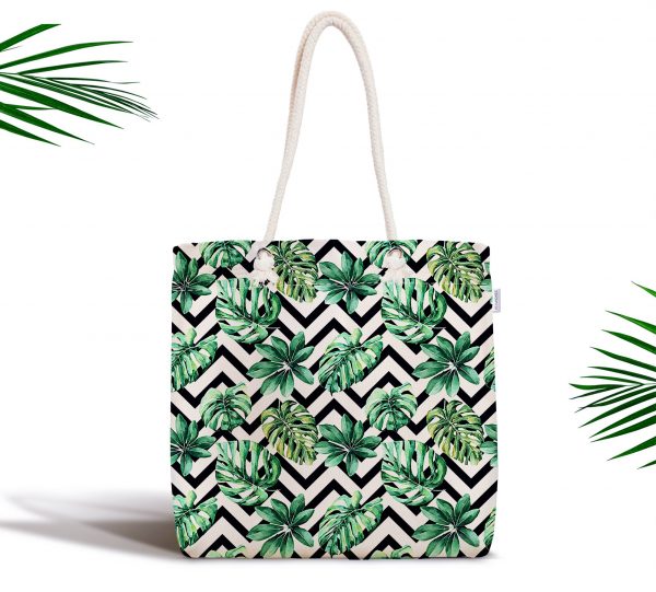 - kumas-canta-2538 - Realhomes  Zigzag Siyah Beyaz Şerit Temalı Yaprak Çizimi Fermuarlı Kumaş Çanta Realhomes