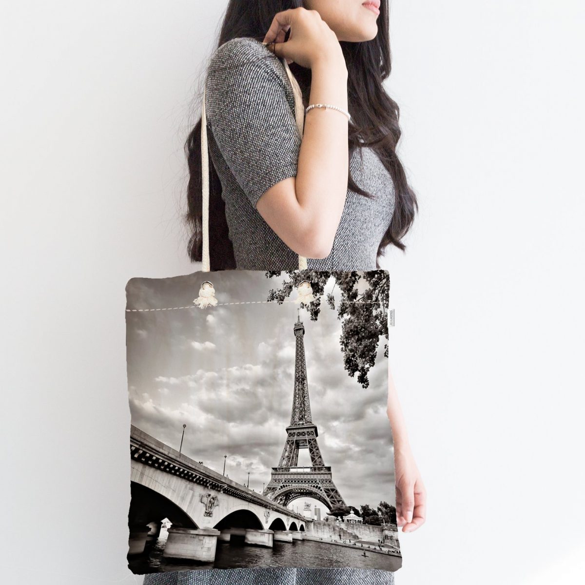 Siyah Beyaz Paris Tasarımlı Dijital Baskılı Fermuarlı Bez Çanta Realhomes