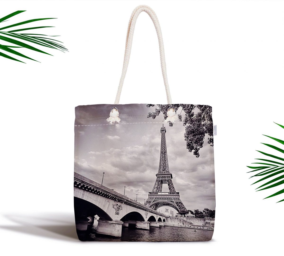 Siyah Beyaz Paris Tasarımlı Dijital Baskılı Fermuarlı Bez Çanta Realhomes