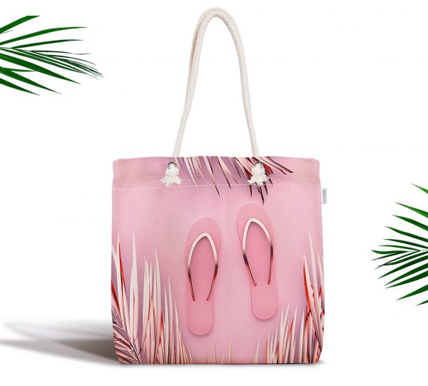 Pembe Zeminde Terlik Özel Tasarım Dijital Baskılı Fermuarlı Plaj Çantası Realhomes