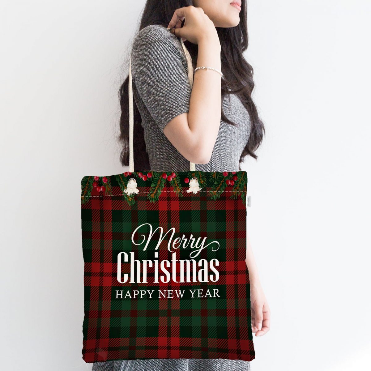 Ekose Zeminde Merry Christmas Baskılı Fermuarlı Modern Kumaş Çanta Realhomes