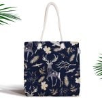 Beyaz Zeminli Geyik ve Yaprak Motifleri Dijital Baskılı Fermuarlı Kumaş Çanta Realhomes