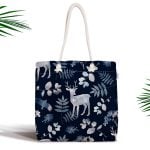 Ekru Zeminli Geyik ve Yaprak Motifler iDijital Baskılı Fermuarlı Kumaş Çanta Realhomes