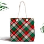 Krem Zeminli Ekose Desenli Fermuarlı Modern Kumaş Çanta Realhomes