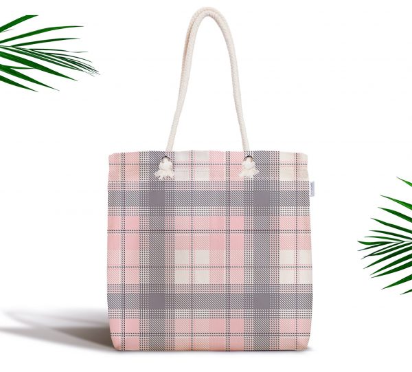 - kumas-canta-3081 - Realhomes  Pembe Gri Ekose Desenli Fermuarlı Modern Kumaş Çanta Realhomes