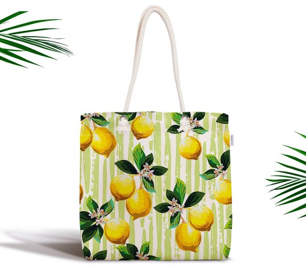 - kumas-canta-3103 - Realhomes  Yeşil Zeminli 3 Boyutlu Limon Desenli Dijital Baskılı Fermuarlı Kumaş Çanta Realhomes