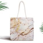 Altın Çizgili Mavi Zeminli Dijital Baskılı Fermuarlı Kumaş Çanta Realhomes